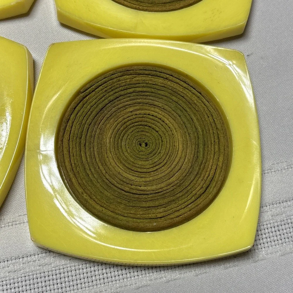 Vintage MCM Mid Century Set of 6 Plastic Drink Coasters Yellow